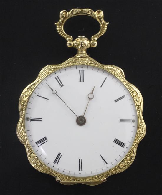 An ornate early 20th century continental three colour gold and gem set dress fob watch,